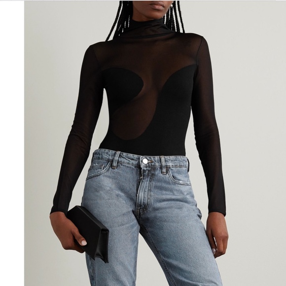 Nensi Dojaka Paneled Jersey And Tulle Black Bodysuit - Picture 4 of 13